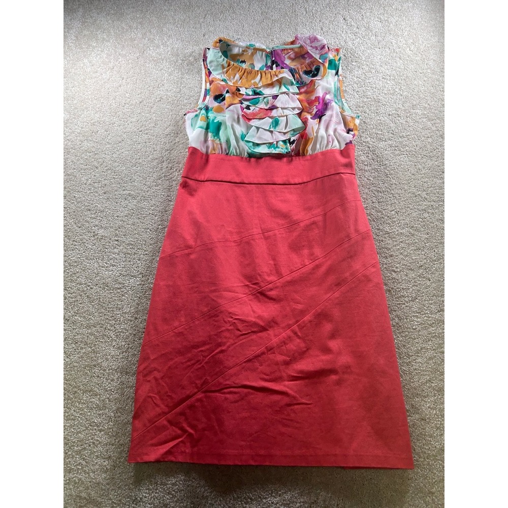dressbarn Women's Coral Red Floral Ruffle Sleeveless Dress Size 10